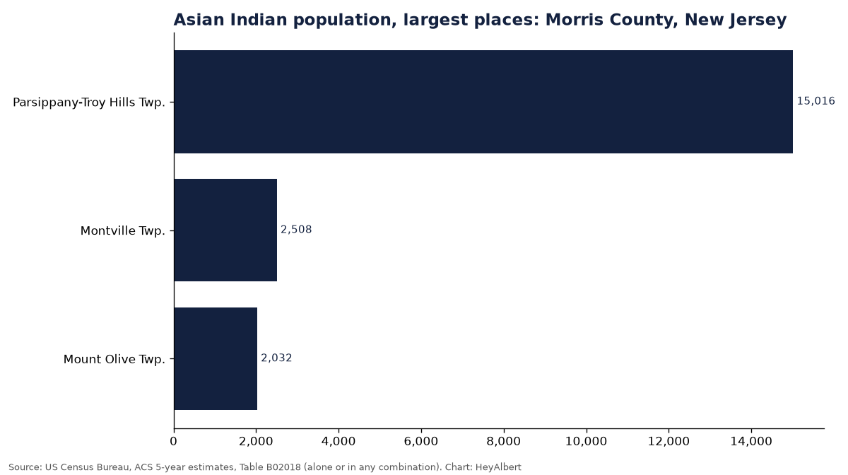 Bar chart of the Asian Indian population in the largest places of Morris County, New Jersey