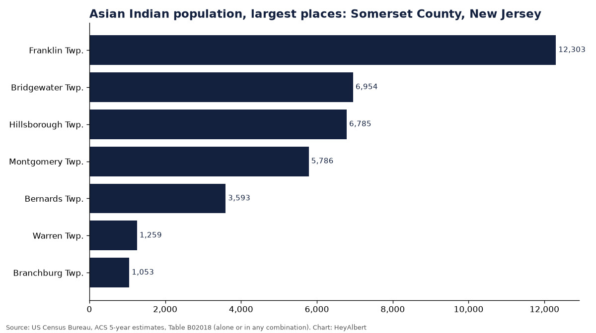 Bar chart of the Asian Indian population in the largest places of Somerset County, New Jersey