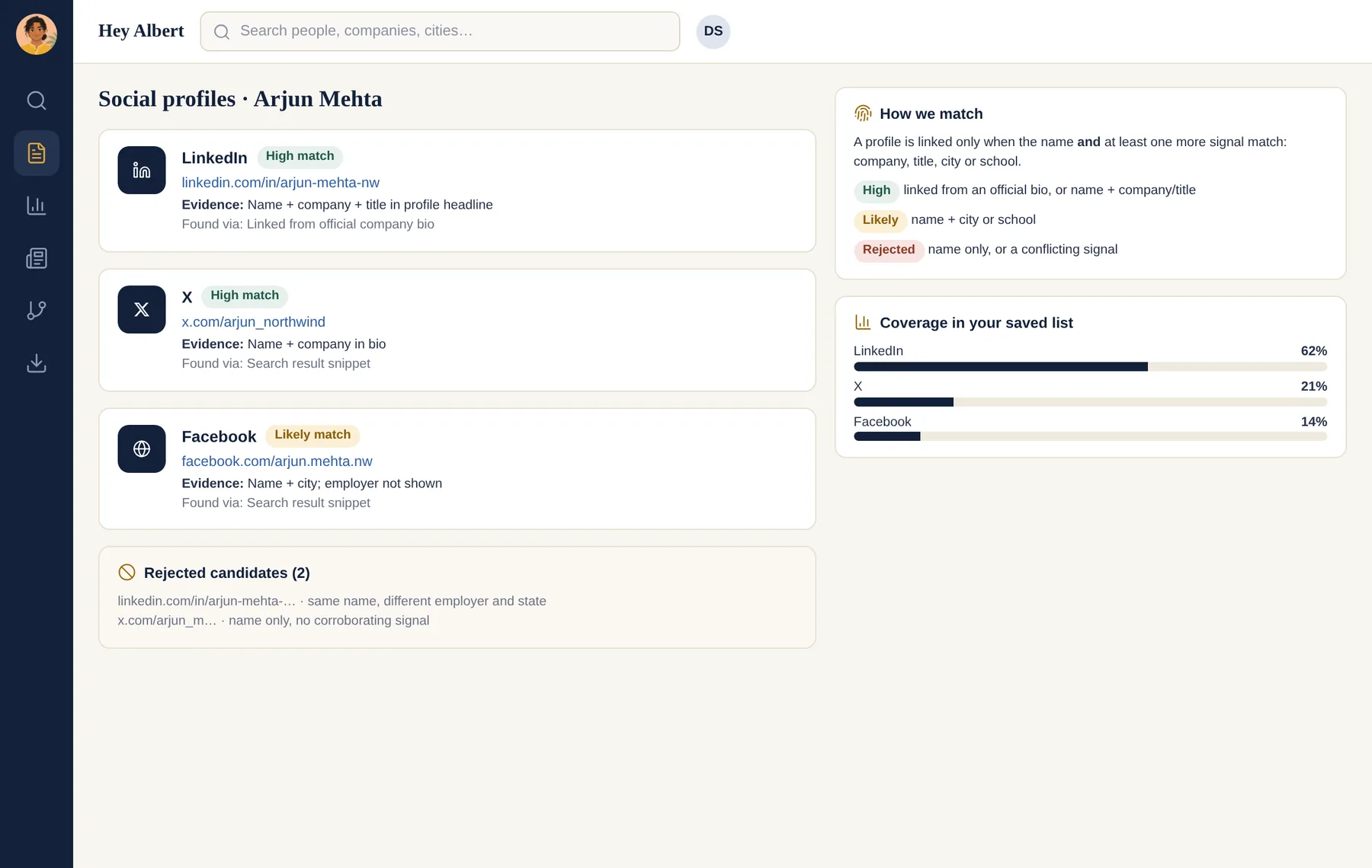 HeyAlbert social profiles screen